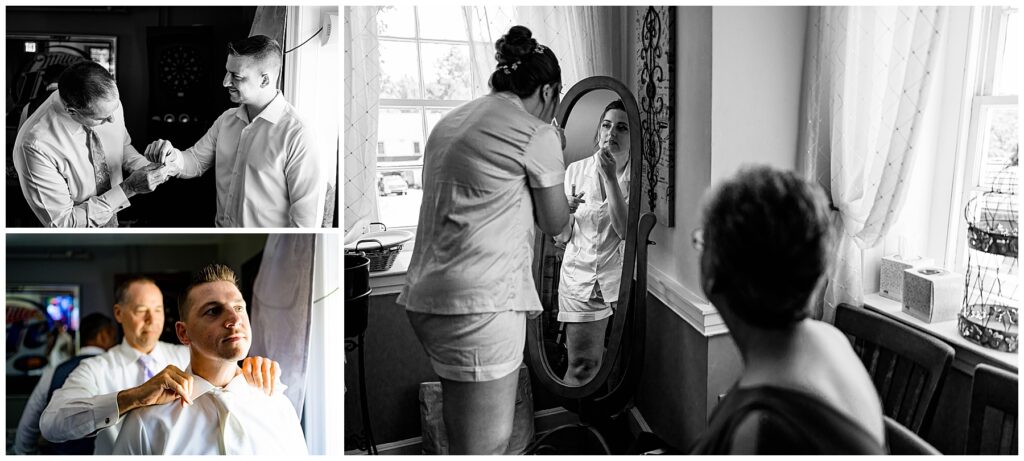 Bride getting ready on her wedding day with rings and flowers in golf course bridal suite