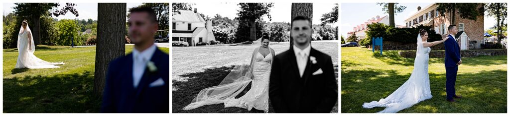 Wedding couple performing a first look on their wedding day in June on a golf course