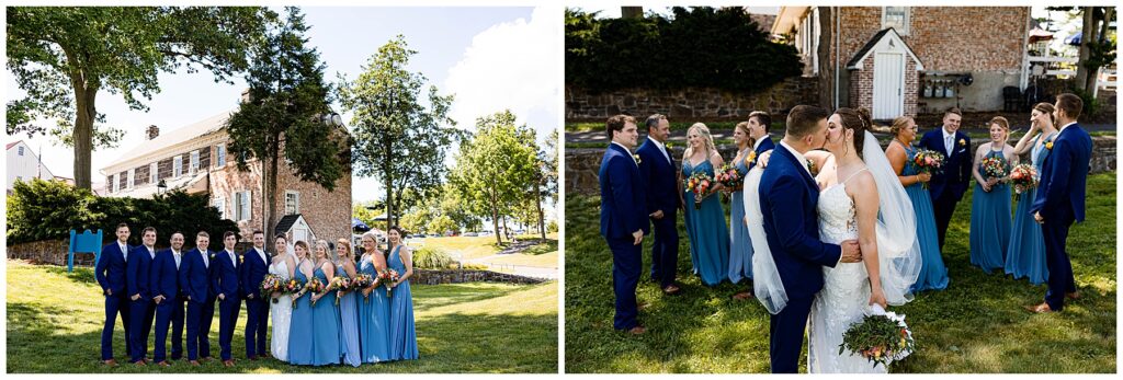 Wedding couple and their friends in the sun before their golf course ceremony in Bucks County Pennsylvania