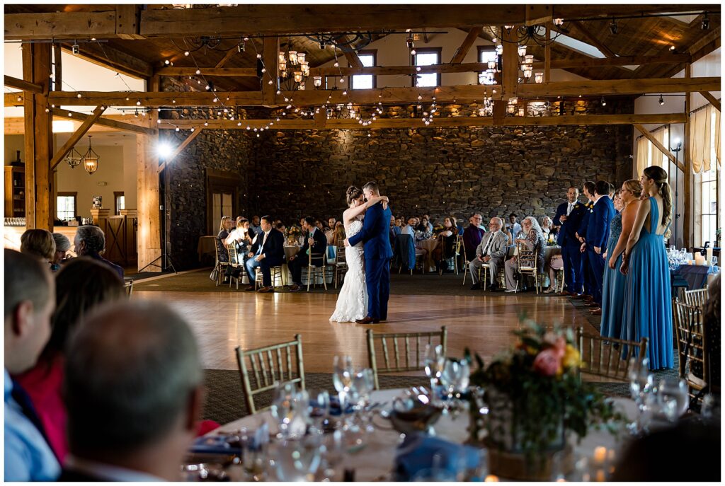 First dance at wedding reception in stone barn at golf course in Gilbertsville PA