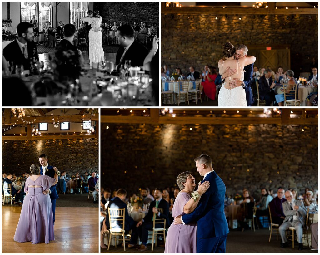 Parent dances at wedding reception in stone barn at golf course in Gilbertsville PA