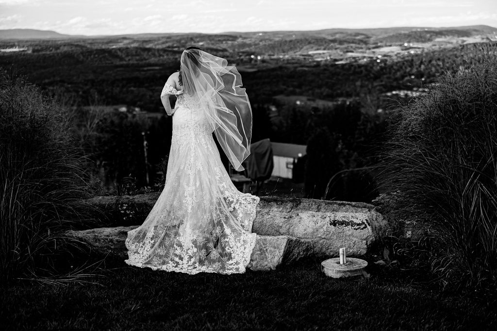 A bride looks into the distance. 